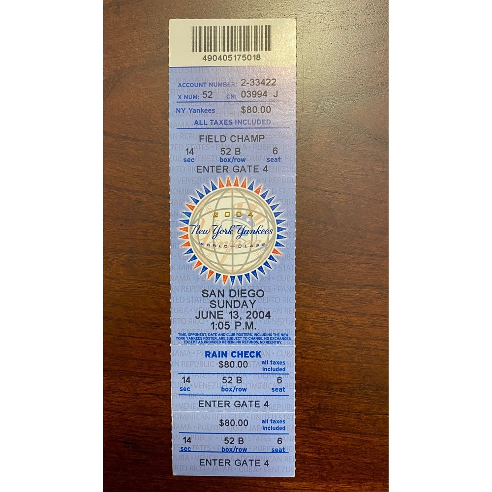 New York Yankees vs San Diego June 13 2004 Ticket Stub Old Stadium‎
